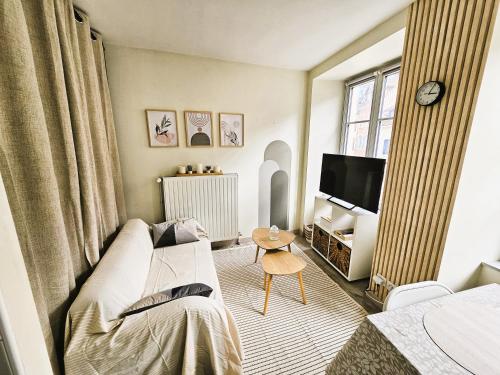 モンベリアルにあるLuxury apartment city center Montbeliardのベッドとテレビのある小さな寝室