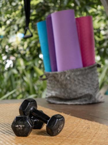 a pair of dumbbells sitting on top of a table at Boatique Hotel and Marina in Rio Dulce