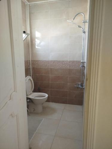 a bathroom with a toilet and a shower at Laguna King - care & comfort in Naj‘ al Aḩwāl