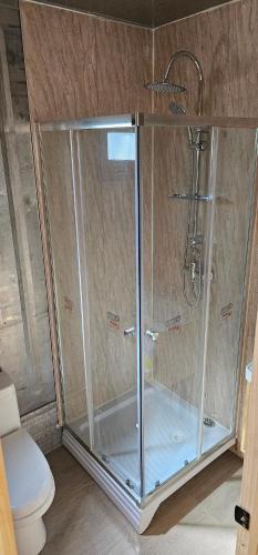 una ducha con mampara de cristal en un baño en Cabaña con tinaja, en Los Ángeles