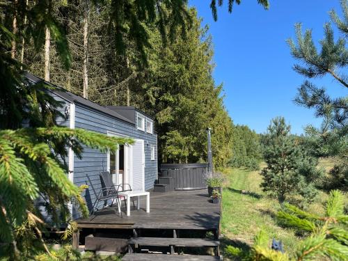 a cabin in the woods with a wooden deck at Leśne Siedlisko Wygonin in Wygonin