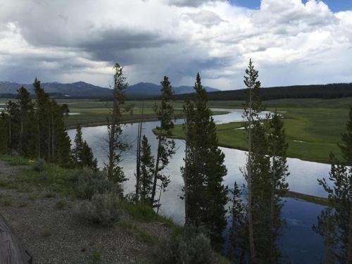 a lake with trees in the middle of a field at The Trout House An Authentic Montana Experience in Livingston