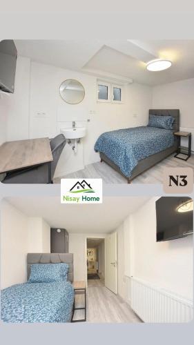 two pictures of a room with two beds at Nisay Home - Apart Hotel - 3 Room Apartment - N3 in Ludwigsburg