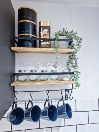 a kitchen shelf with pots and pans on it at Modern Central Flat with Garden & Parking in Southampton