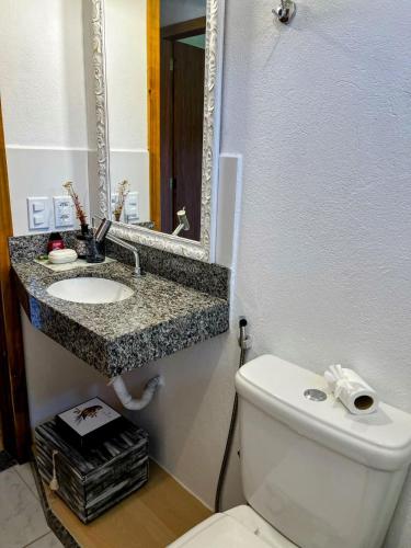 a bathroom with a toilet and a sink and a mirror at Pedra Azul - Casa Goiabeira II in Domingos Martins