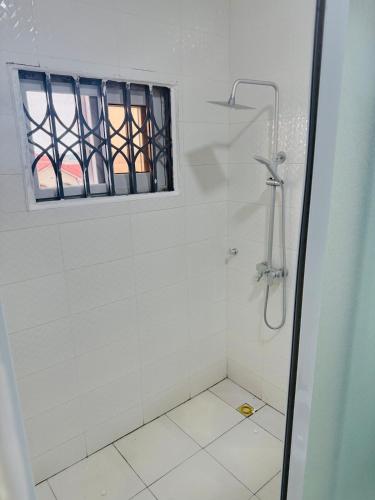 a bathroom with a shower with a window at Pebview 2 Bed Apartment in Kpone