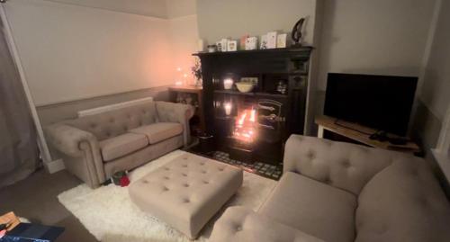 a living room with a couch and a fireplace at Lilac Cottage in Farington