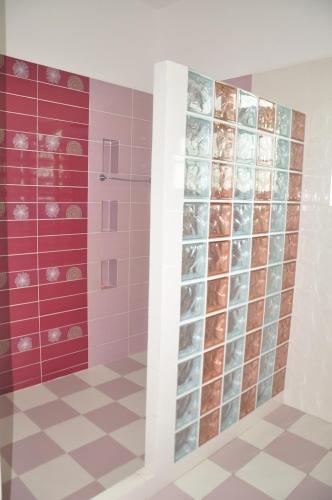 a bathroom with a shower with pink tiles at Bord Mer House in Glacis