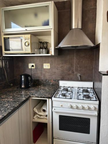 a kitchen with a stove and a microwave at El Colonial departamento céntrico in Miramar