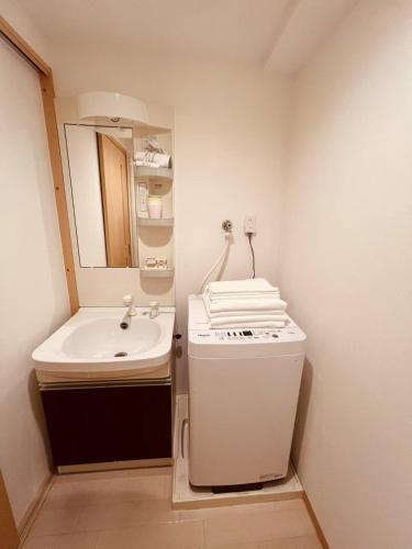 a small bathroom with a sink and a mirror at 桜の恋 in Osaka