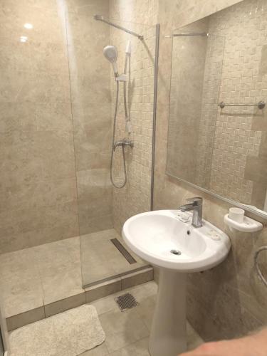 a bathroom with a sink and a glass shower at Claudia in Eforie Sud