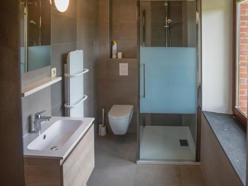 a bathroom with a shower and a sink and a toilet at Holiday Home in Rogery with Sauna in Rogery