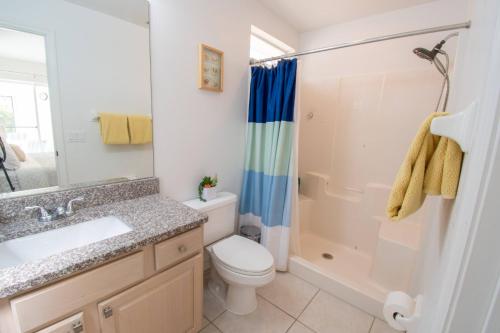une salle de bain avec un lavabo, des toilettes et une douche dans l'établissement Oasis at the famous Southern Dunes golf course, à Haines City