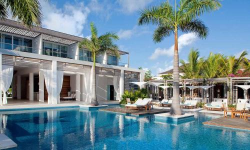 a villa with a swimming pool and palm trees at Wymara Resort & Villas in Grace Bay