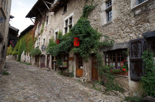 an alley in an old stone building with ivy at Logis Hotel Le Petit Casset in La Boisse