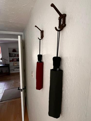 two black and red vases hanging on a wall at Pelican House in Bridport