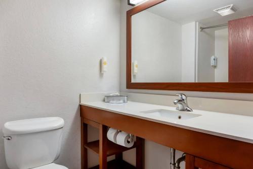 a bathroom with a toilet and a sink and a mirror at Comfort Inn & Suites Orlando North in Sanford