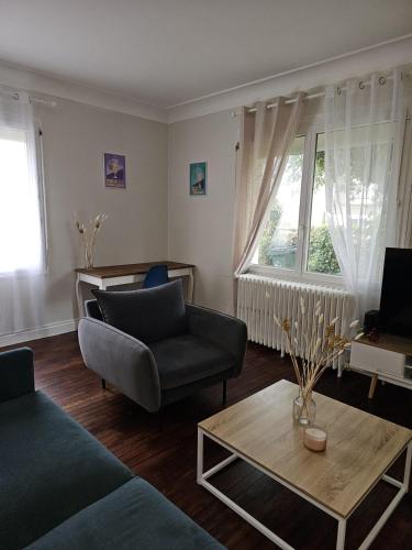 ブールジュにあるMaison Aéroport Bourgesのソファとテーブルのあるリビングルーム