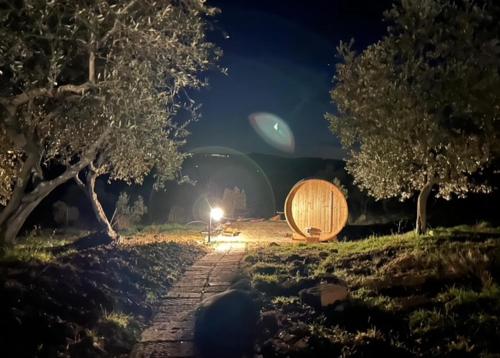 a barrel and a light in a field at night at Casale meraviglioso Val d'Orcia con piscina in Radicofani