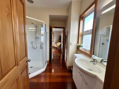 a bathroom with a shower and a sink at Russell Harbour Apartment in Russell