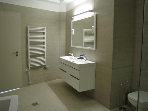 un bagno con lavandino, WC e specchio di Empire of Liberty a Budapest