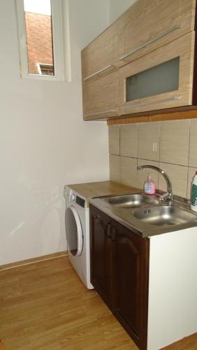 a kitchen with a sink and a washing machine at Kempelen kúria in Esztergom