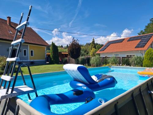 a swimming pool with a blue inflatable at Lauras Ferienwohnung - Ihr Wohlfühlort in der Südweststeiermark in Eibiswald