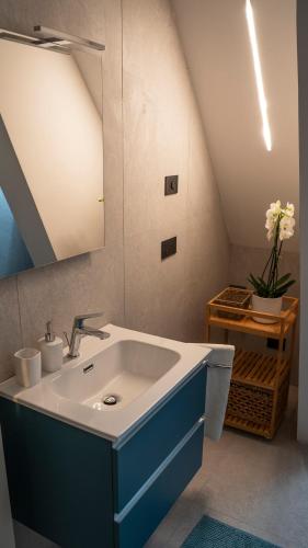 a bathroom with a sink and a mirror at Talvera Dream - City center, Rooftop, Garage & Jacuzzi in Bolzano