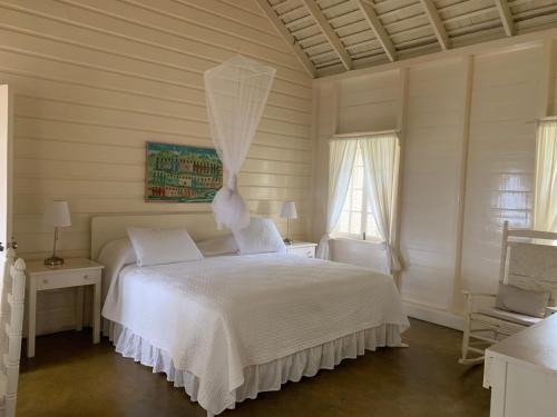 sypialnia z białym łóżkiem z moskitierą w obiekcie Bolt Hole Villa w mieście Port Antonio