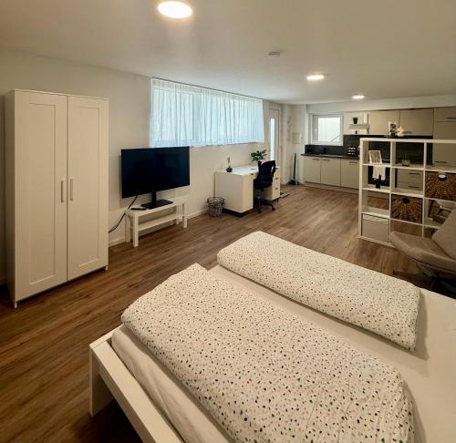 a bedroom with two beds and a flat screen tv at 1-Zimmer-Appartment ruhig & naturnah in Gaggenau