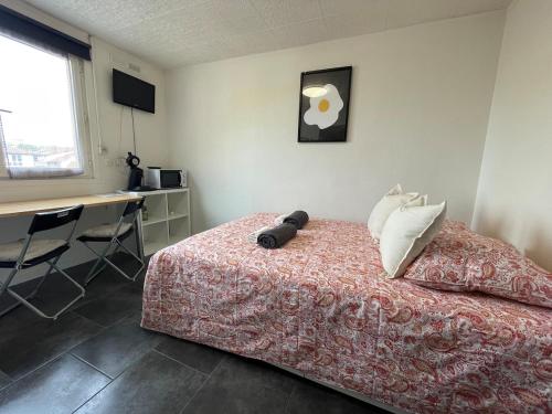 une chambre avec un lit avec un bureau et un bureau dans l'établissement EasyColmar, à Colmar