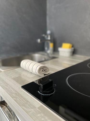 - un comptoir de cuisine avec une serviette sur un comptoir dans l'établissement EasyColmar, à Colmar