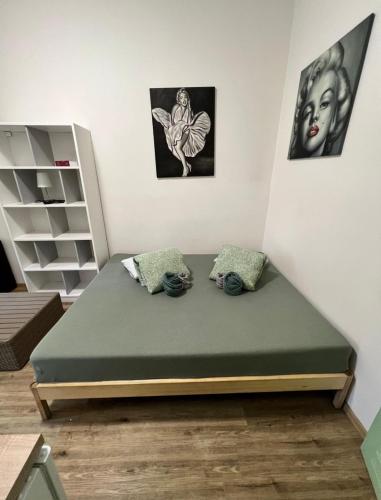 a bed in a room with two pillows at Garsoniéra Ostrava City centr, Na Hradbách 118 in Ostrava