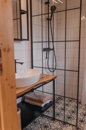 a bathroom with a sink and a shower at Dziadkowe Poletko in Śliwin