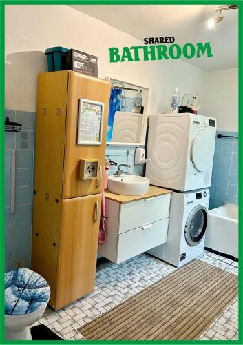 a small bathroom with a sink and a washing machine at Family & Friends Room P3, 5 beds, 25qm, Check-in 4PM till 5AM in Creglingen