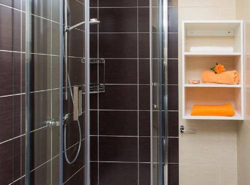 a bathroom with a shower with black tiles at Villa Falcon Rook in Gruda