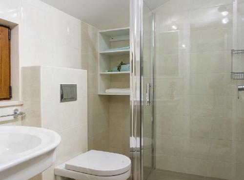 a bathroom with a shower and a toilet and a sink at Villa Falcon Rook in Gruda