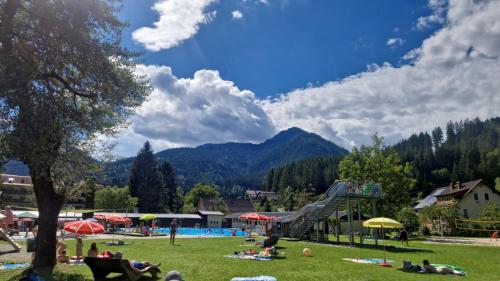 a group of people laying on the grass in a park at Pension & Apartments Weissbriach in Weissbriach