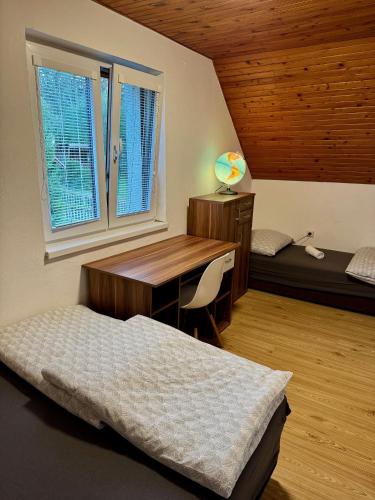 a bedroom with a desk and a bed and a window at Chata U Elka in Týn nad Vltavou