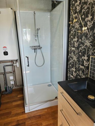 Un baño con ducha con puerta de cristal. en Cube D'amour, en Gionges