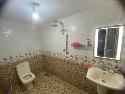 a bathroom with a toilet and a sink and a mirror at trincomalee villa in Trincomalee
