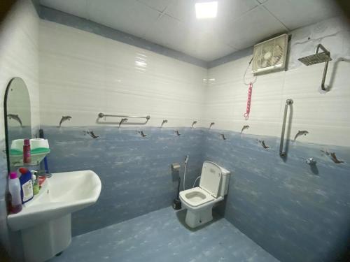 a blue bathroom with a toilet and a sink at trincomalee villa in Trincomalee