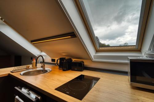 a kitchen with a sink and a large window at MátraForRest in Mátraszentistván