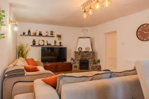 a living room with two couches and a tv at Cuibul de Munte - Vilă în Breaza in Nistoreşti