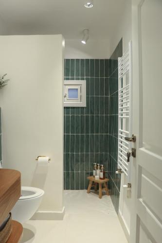 a bathroom with a toilet and a green tiled wall at Beyt El Midan in Ehden