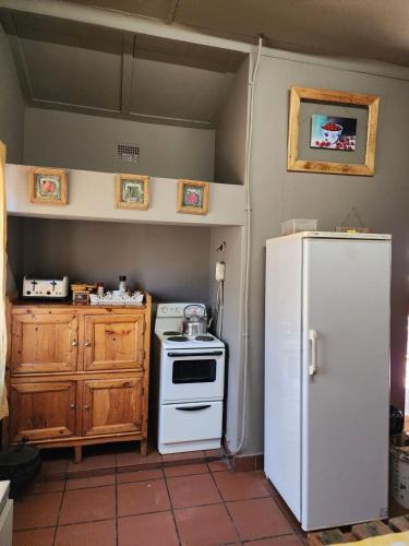 a kitchen with a stove and a white refrigerator at Rooidam Farm Accomodation in Modderrivier