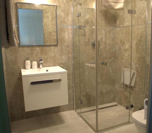 a bathroom with a shower with a sink and a mirror at Villa Quality Wellness in Dozmat