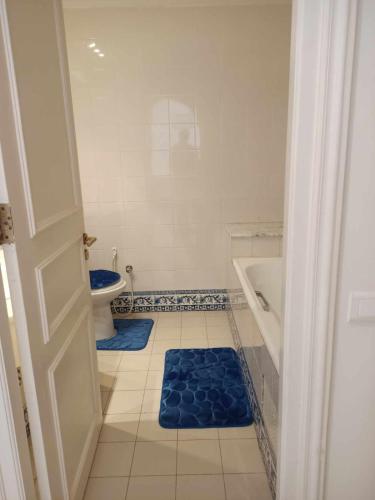 a bathroom with a tub and a toilet and a blue rug at Marina 105-102-104-103 in Houmt Souk
