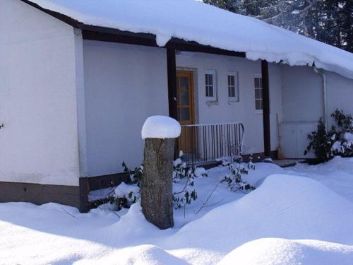 una casa con nieve encima en Ferienhaus Fuchsweg im Feriendorf Reichenbach F1, en Bayerstetten