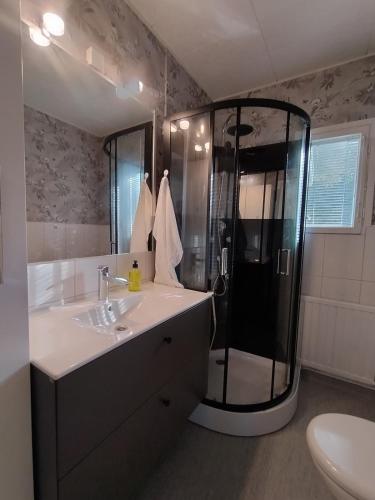 a bathroom with a shower and a sink at Villa Green in Kruunupyy